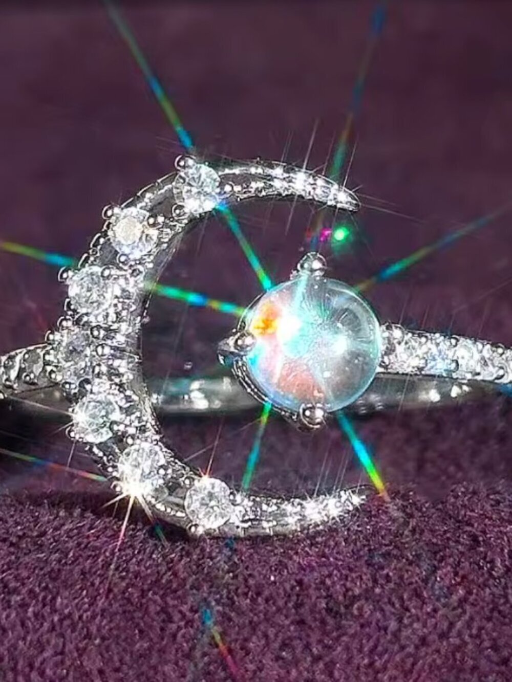 NEW 18k White Gold Moon & Star Diamond Ring Band Adjustable Size Celestial Ring